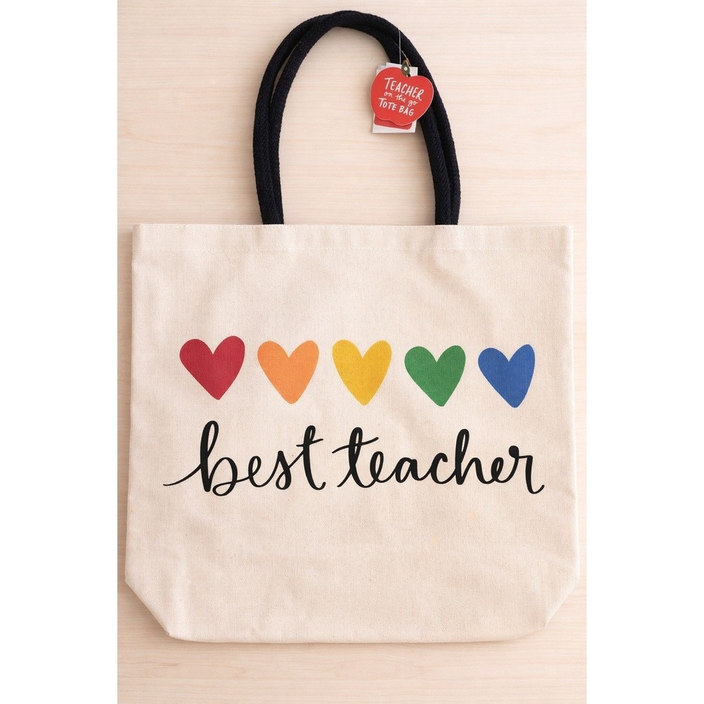 Best Teacher Canvas Tote Bag Rainbow Hearts‎ Rope Handle Cream 16x13